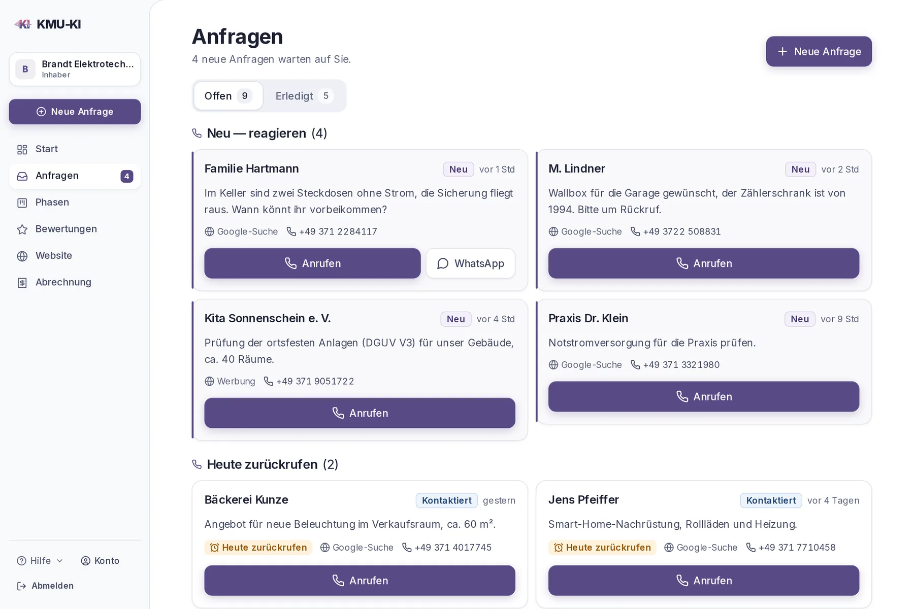 Anfragenliste am Rechner mit neuen Anfragen und fälligen Rückrufen