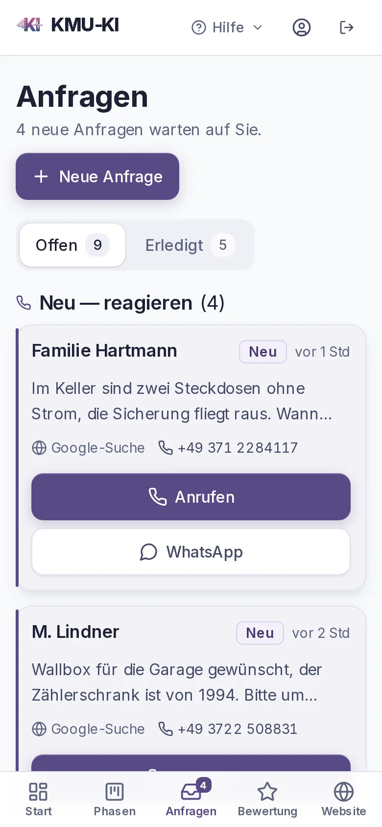 Anfragenliste des KMU-KI-Portals am Handy mit Anrufen-Knopf je Anfrage