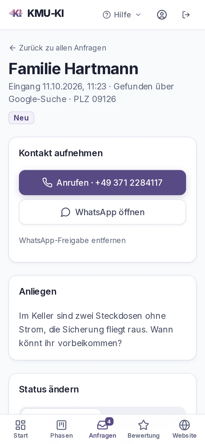 Detailansicht einer Anfrage am Handy